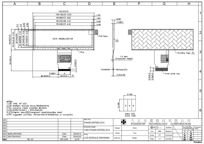 Powertip PH480128T002-ZCA, 3.9” - full-view display