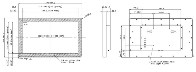 Powertip HDA192108T005-ZFC, 15,6” - full-view display