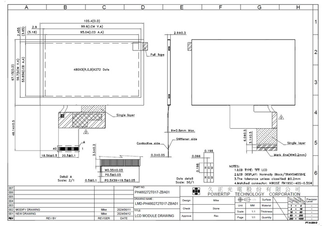 Powertip PH480272T017-ZBA02, 4.3” - full-view display
