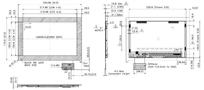 Powertip PH128800T007-ZJC, 10.1" - full-view display
